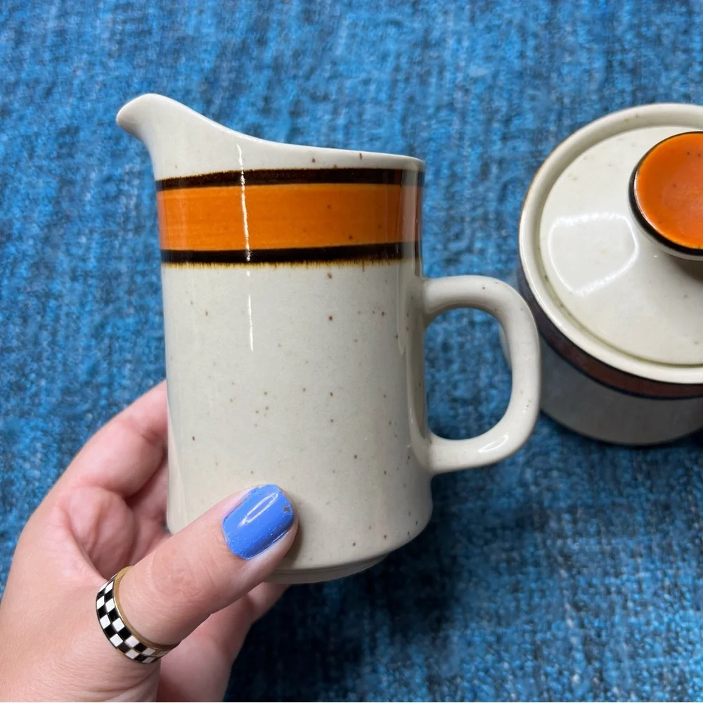 Vintage 70s Sango Rainbow Stoneware Cream & Sugar Dish 653 Caroline Retro Orange
